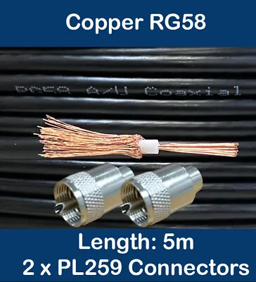 5m Copper Black RG58 50 Ohm Coaxial Cable 2 X PL259 UHF CB Radio Ham Aerial • £6.99