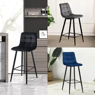 2 Pcs Velvet Bar Stools Breakfast Pub Chair Metal Legs Kitchen 65 Cm Seat High • £89.99