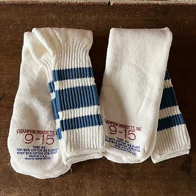 Lot Of 2 Vintage Champion Tube Socks Size 9-15 White W/ Blue Stripes Made USA • $40