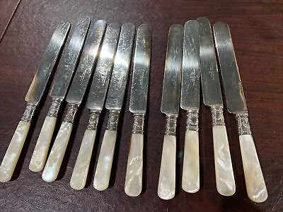 10 Vintage Meridian Cutlery Co  Mother Of Pearl Handle Knives W/ Sterling 1855 • $99