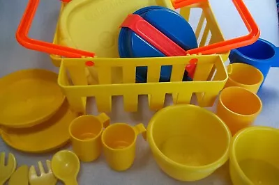 Vintage Fisher Price Basket Dishes Plates Bowls Cups Utensils Lot Yellow Blue • $12.99