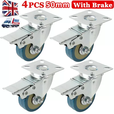 £7.19 • Buy 4 X Heavy Duty 50mm Rubber Swivel Castor Wheels With Brake Trolley Furniture UK