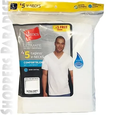 Hanes Ultimate White Tagless V-Neck T-Shirts 5 Pack .. Large • $23.95