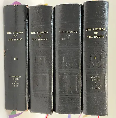$175 • Buy The Liturgy Of The Hours 4 Volume Set Black Leather Bound 1975 Vintage