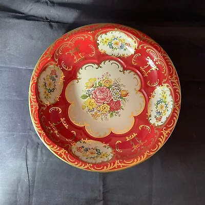Vintage 1971 Daher Decorated Ware Round Tin Floral Red Bowl Made England 10” • $10.88