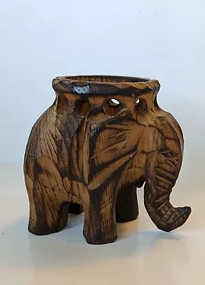 Vintage Hand Carved Wooden Elephant Folk Art Candle Holder Figurine 4.75x2.5x4” • $12