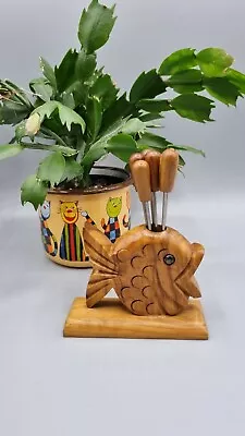 Vintage Wooden Fish Cocktail/ Olive/ Seafood Fork Holder And 6 Forks • £14.39