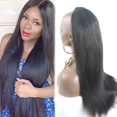 100% Indian Remy Human Hair Machine Weft Glueless 3/4  Half Head Wig Thick Full • £263