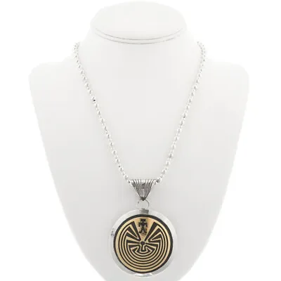 Native Navajo Hopi Style Sterling Silver Gold Man In The Maze Pendant Necklace • $289