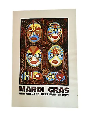 Vintage Mardi Gras Amzie Adams Double Signed Painted Poster Print 1994 DAMAGED • $425