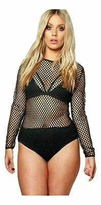 New Ladies Fish Net All Over Body Suit Long Sleeve Mesh Leotard Top Size UK 8-22 • £6.98