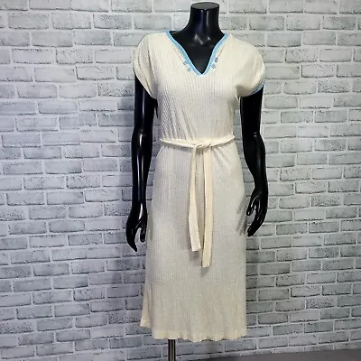 Vintage 70s 80s Ivory Ribbed Terry Cloth Cap Sleeve Dress Sash Belt Blue Piping • $59.99