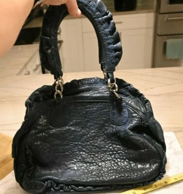 $135 • Buy TREESJE Pebbled Leather Dark BLUE Ruffle Trim Gold Chain Handbag Purse
