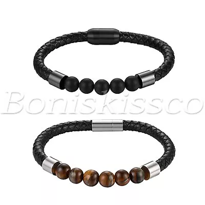 Women Men's Braided Leather Bracelet Stainless Steel Beads Magnetic Clasp Bangle • $13.99