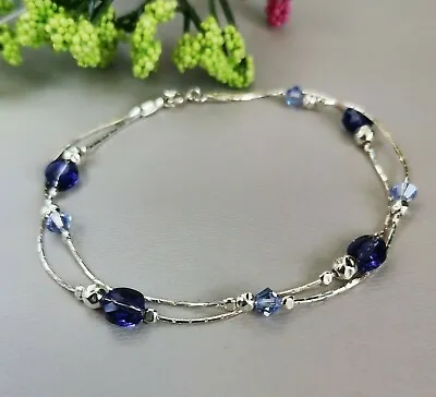 925 Sterling Silver Violet Tanzanite Genuine Crystal Chain Bracelet  Made In UK • £25