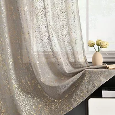 Gold And Grey Sheer Curtains Metallic Gold Sparkle Glitter Grey Sheer Curtains 6 • $31.96