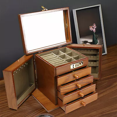 5-Layers Earring Necklace Organizer With Mirror Jewelry Storage Box Wooden USA! • $75.50