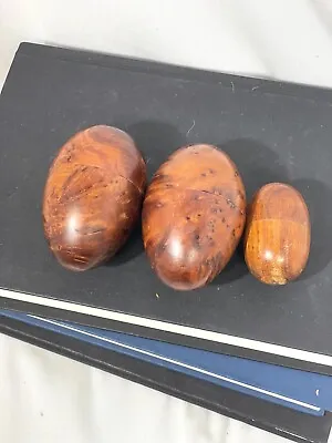 Vintage Burl Wood Eggs Set Of 3 Easter Decor - Open - Wood Egg Box - Hand Turned • $64