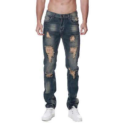 Men's Distressed Denim Jeans Ripped Destroy Trousers Holes Slim Straight Pants • $36.99