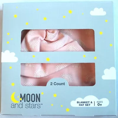 Moon And Stars 2 Count Baby Blanket & Hat Set Pink White Rainbow Print Cotton • $4.99