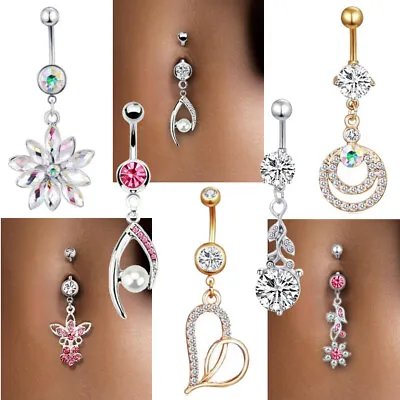 $5.50 • Buy Navel Belly Button Ring Crystal Flower Dangle Bar Barbell Body Piercing Jewelry