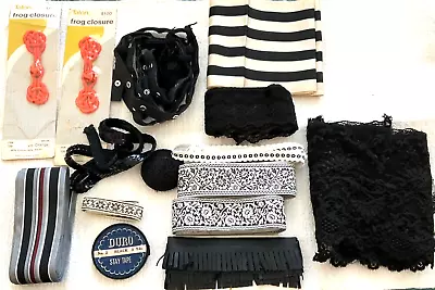 Black Vintage LACE Trims Frogs Twill Crocheted Button Jacquard Grosgrain Ribbons • $28.95