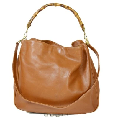 $108.80 • Buy GUCCI Logo Bamboo 2Way Shoulder Bag Leather Brown Gold Made In Italy 09MX858