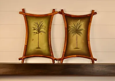 Vintage MCM Adirondack Palm Tree Oil Painting Bamboo Frame Tiki Art PAIR Decor • $500