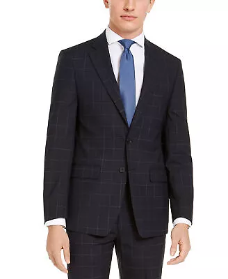 Calvin Klein Slim Fit Infinite Stretch Navy Windowpane Suit Jacket 38R Blue • $18.48