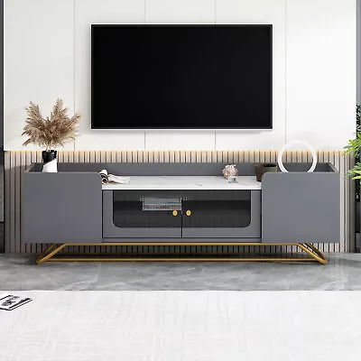 TV Stand Fluted Glass Modern Entertainment Center Faux Marble Console Table Grey • $247.99