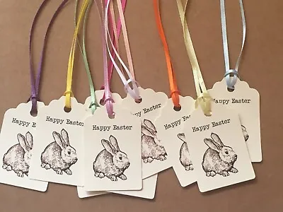 10 White Happy Easter Bunny Gift Tag Labels With Mixed Ribbon Ties • £2.45