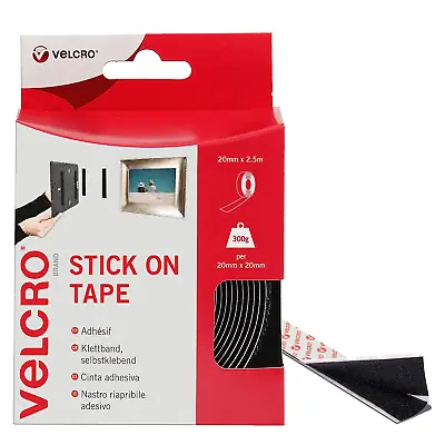 VELCRO Brand Stick On Black Hook And Loop Tape Self Roll 20Mm X 2.5M. Cut-To-Le • £10.45