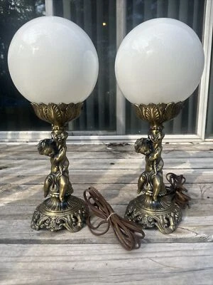 Lovesky & Lovesky Mid-Century Modern Cherub 17.5” Ball Shade Table Lamps 1966 • $215