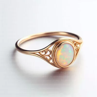 Natural Fire Opal Ring 14K Plated GoldVintage Genuine Ethiopian Opal Rings • $33.99