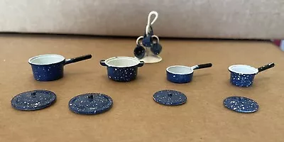 Miniature Dollhouse Pots Pans Blue Cups Speckled Accessories • $15.99