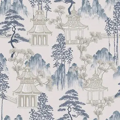 Arthouse Japanese Pagoda Blue Grey Wallpaper Floral Oriental Feature Wall • £15.99