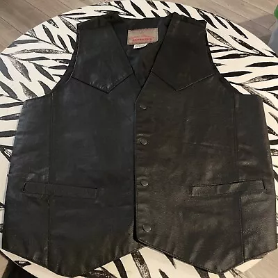 Vintage Permit Platinum Black Leather Motorcycle Vest Snap Closure Sz L Men's P • $19.99