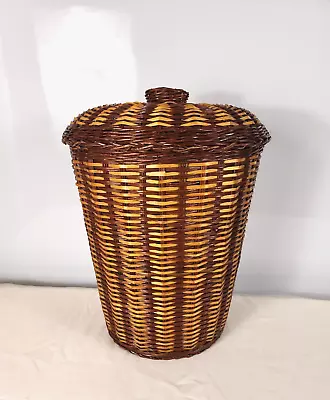 Vtg BOHO Wicker Woven Laundry Hamper With Lid Clothes Basket Waste Trash Can 21  • $67.99