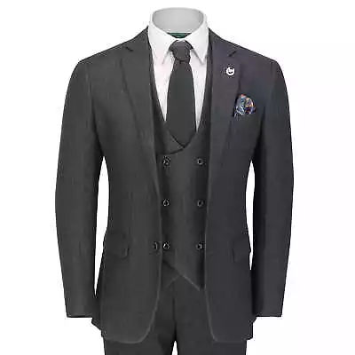 Men’s 3 Piece Grey Pinstripe Suit Classic Tailored Fit Jacket Waistcoat Trouser • £89.99