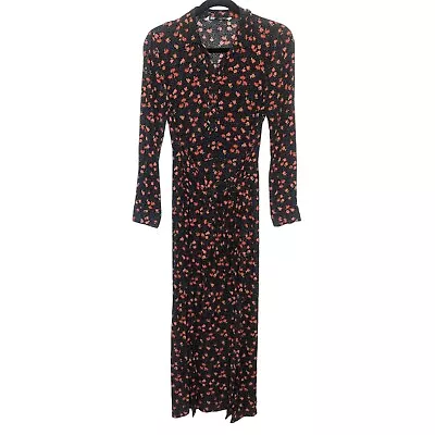 Zara Women Black Polka Dot Red Poppy Floral Print Tie Waist Maxi Dress Size S • $29.99