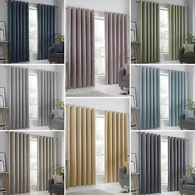 Block-Out Eyelet Curtains Plain Thermal Dim-Out Ready Made Ring Top Curtain Pair • £34