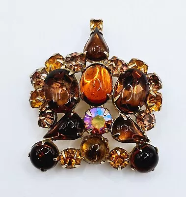 Vintage Weiss Crown Brooch Amber Topaz Colored Glass Rhinestones STUNNING  • $110