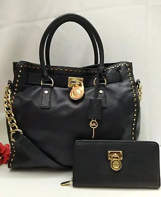 Michael Kors Hamilton Black Leather Satchel Shoulder Bag W/ Matching Wallet • $155