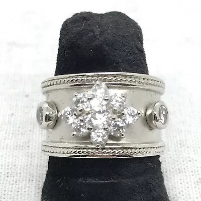 Vintage Flower Center Design Wide Band In Clear Crystal Fashion  Ring Sz 6   • $49.99