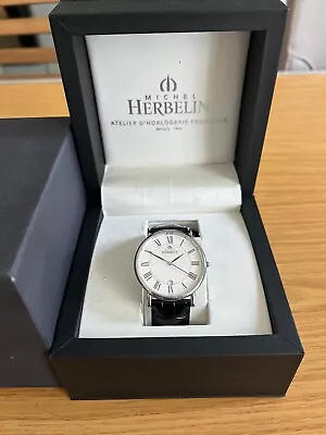 Used Michel Herbelin Mens Classic Watch Black Leather Strap White Dial 12248/08 • £90
