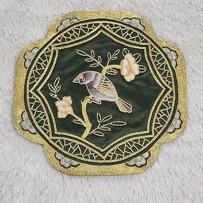 Vintage Chinese Silk Embroidery Gold Thread Textile Doily Bird Floral Green • $9
