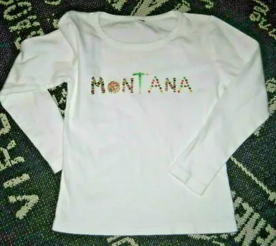 Girls 8 White Candy Design MONAG TEE T-Shirt 100% Cotton L/S MONTANA Scoop A • $7.95