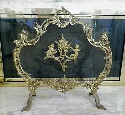 Solid Brass French Rococo Style Cherubs Fireplace Screen Fire Spark Guard • $599.99