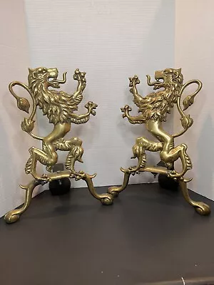 Antique Cast Brass Fireplace Andirons Mid 19th Century. Rampant Lions Set . 15”. • $1500