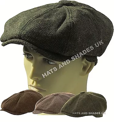 Peaky Blinders Newsboy Hat Gatsby Cap Flat Tweed Herringbone 8 Panel Baker Boy • £13.49